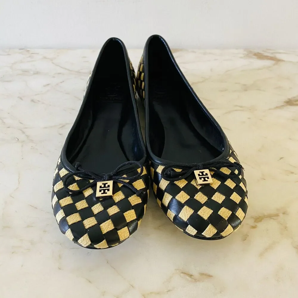TORY BURCH Black Yellow Woven Ballerina Flats Bow Accent - US 7.5